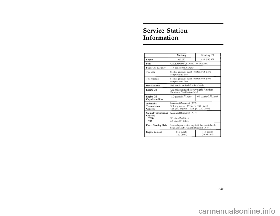 FORD MUSTANG 1996 4.G Owners Manual 340
Service Station
Information
[GS00150(M )10/95]
twenty-six pica chart:0011195-HFile:17rcgsm.ex
Update:Wed Mar 27 09:39:33 1996 