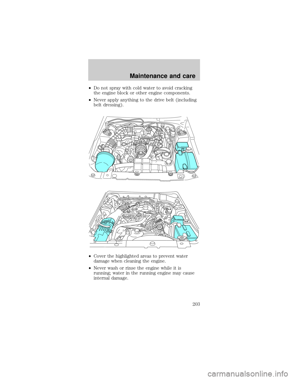 FORD MUSTANG 2001 4.G Owners Manual ²Do not spray with cold water to avoid cracking
the engine block or other engine components.
²Never apply anything to the drive belt (including
belt dressing).
²Cover the highlighted areas to preve