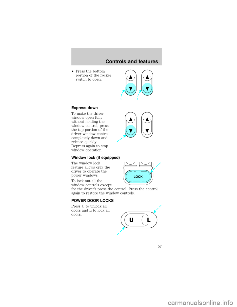 FORD MUSTANG 2001 4.G Owners Manual ²Press the bottom
portion of the rocker
switch to open.
Express down
To make the driver
window open fully
without holding the
window control, press
the top portion of the
driver window control
comple