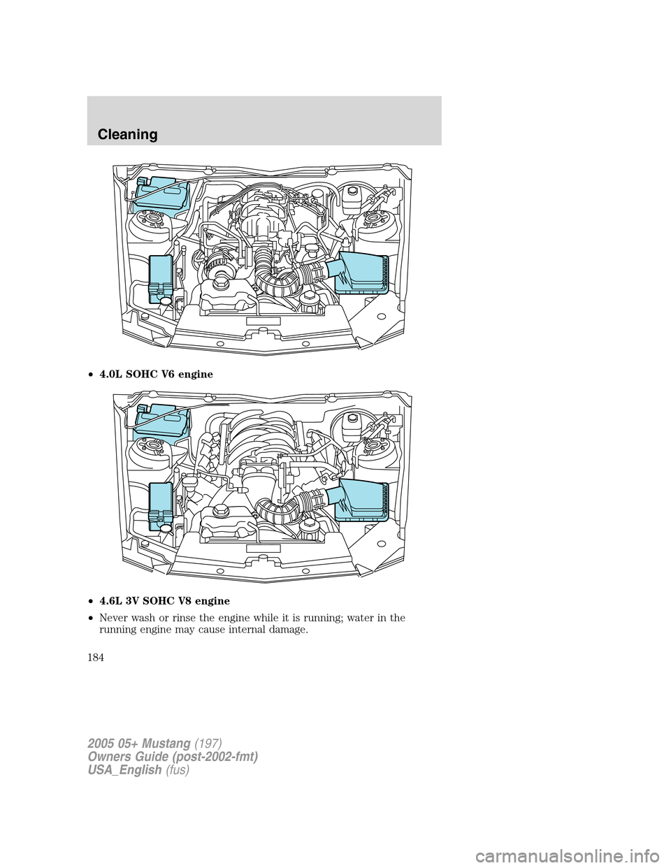 FORD MUSTANG 2005 5.G Owners Manual •4.0L SOHC V6 engine
•4.6L 3V SOHC V8 engine
•Never wash or rinse the engine while it is running; water in the
running engine may cause internal damage.
2005 05+ Mustang(197)
Owners Guide (post-