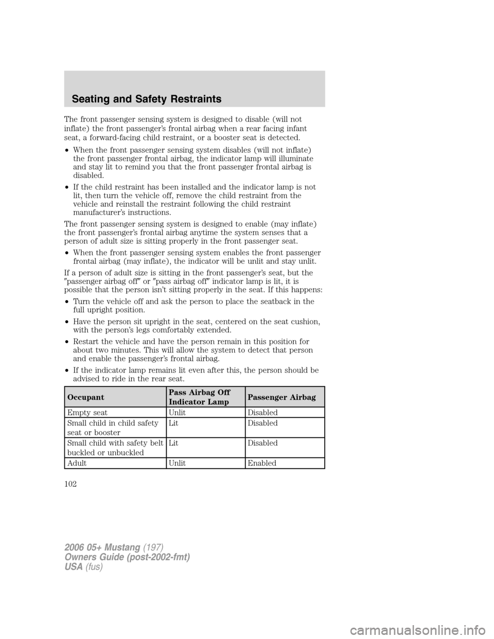 FORD MUSTANG 2006 5.G Owners Manual The front passenger sensing system is designed to disable (will not
inflate) the front passenger’s frontal airbag when a rear facing infant
seat, a forward-facing child restraint, or a booster seat 