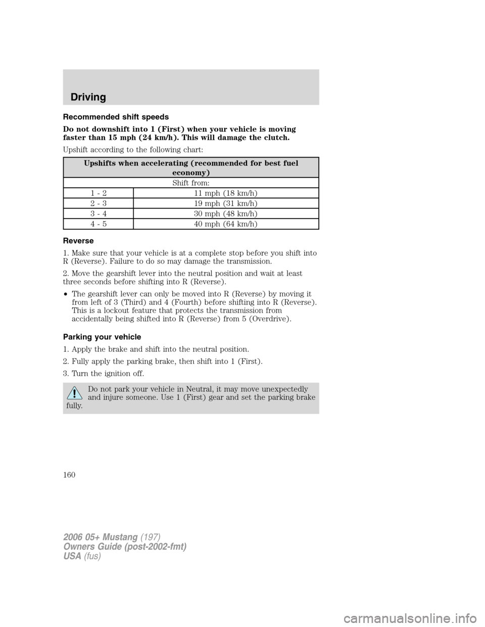 FORD MUSTANG 2006 5.G Owners Manual Recommended shift speeds
Do not downshift into 1 (First) when your vehicle is moving
faster than 15 mph (24 km/h). This will damage the clutch.
Upshift according to the following chart:
Upshifts when 