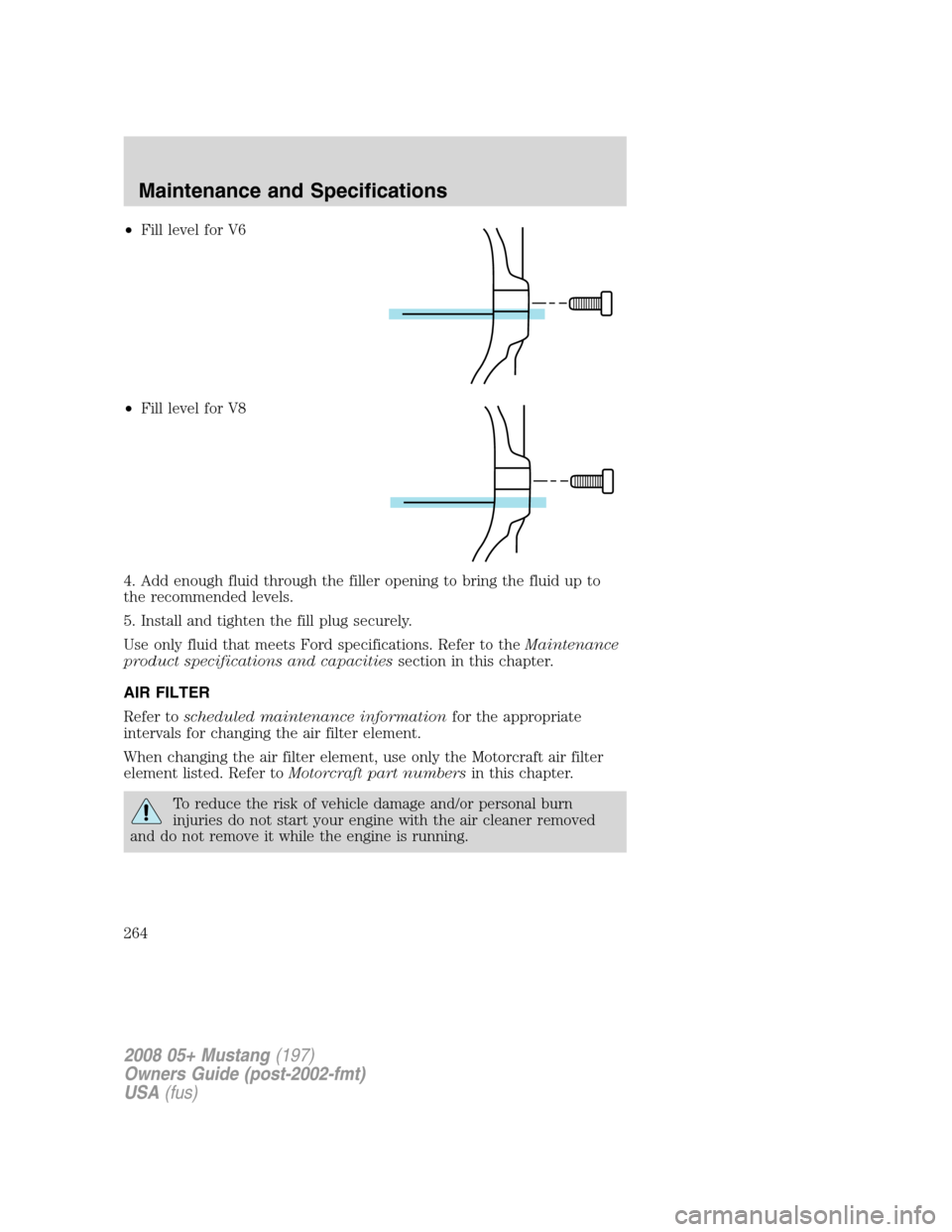 FORD MUSTANG 2008 5.G Owners Manual •Fill level for V6
•Fill level for V8
4. Add enough fluid through the filler opening to bring the fluid up to
the recommended levels.
5. Install and tighten the fill plug securely.
Use only fluid 