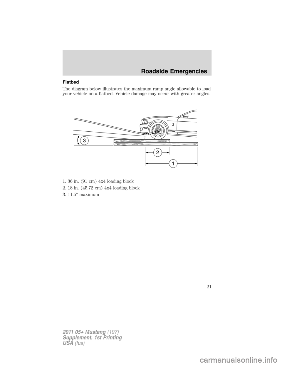 FORD MUSTANG 2011 5.G Shelby GT500 Supplement Manual Flatbed
The diagram below illustrates the maximum ramp angle allowable to load
your vehicle on a flatbed. Vehicle damage may occur with greater angles.
1. 36 in. (91 cm) 4x4 loading block
2. 18 in. (4