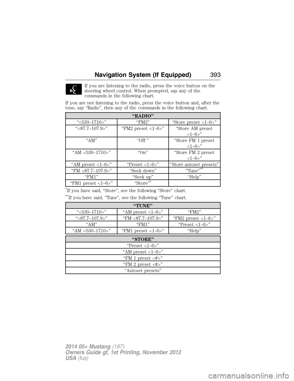 FORD MUSTANG 2014 5.G Owners Manual If you are listening to the radio, press the voice button on the
steering wheel control. When prompted, say any of the
commands in the following chart.
If you are not listening to the radio, press the