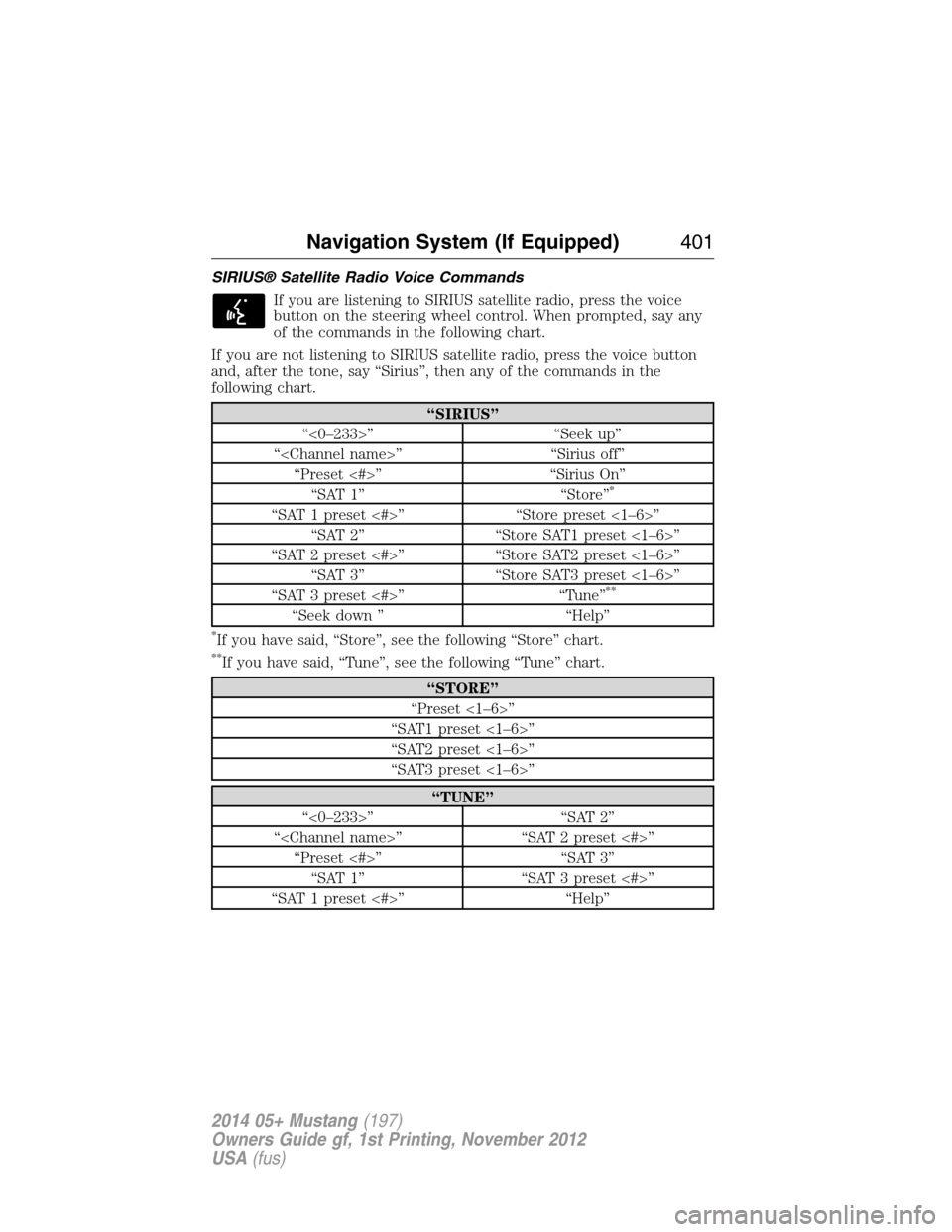 FORD MUSTANG 2014 5.G Owners Manual SIRIUS® Satellite Radio Voice Commands
If you are listening to SIRIUS satellite radio, press the voice
button on the steering wheel control. When prompted, say any
of the commands in the following ch
