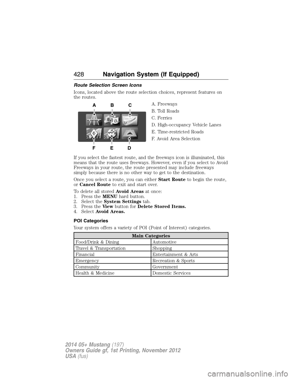 FORD MUSTANG 2014 5.G Owners Manual Route Selection Screen Icons
Icons, located above the route selection choices, represent features on
the routes.
A. Freeways
B. Toll Roads
C. Ferries
D. High-occupancy Vehicle Lanes
E. Time-restricted