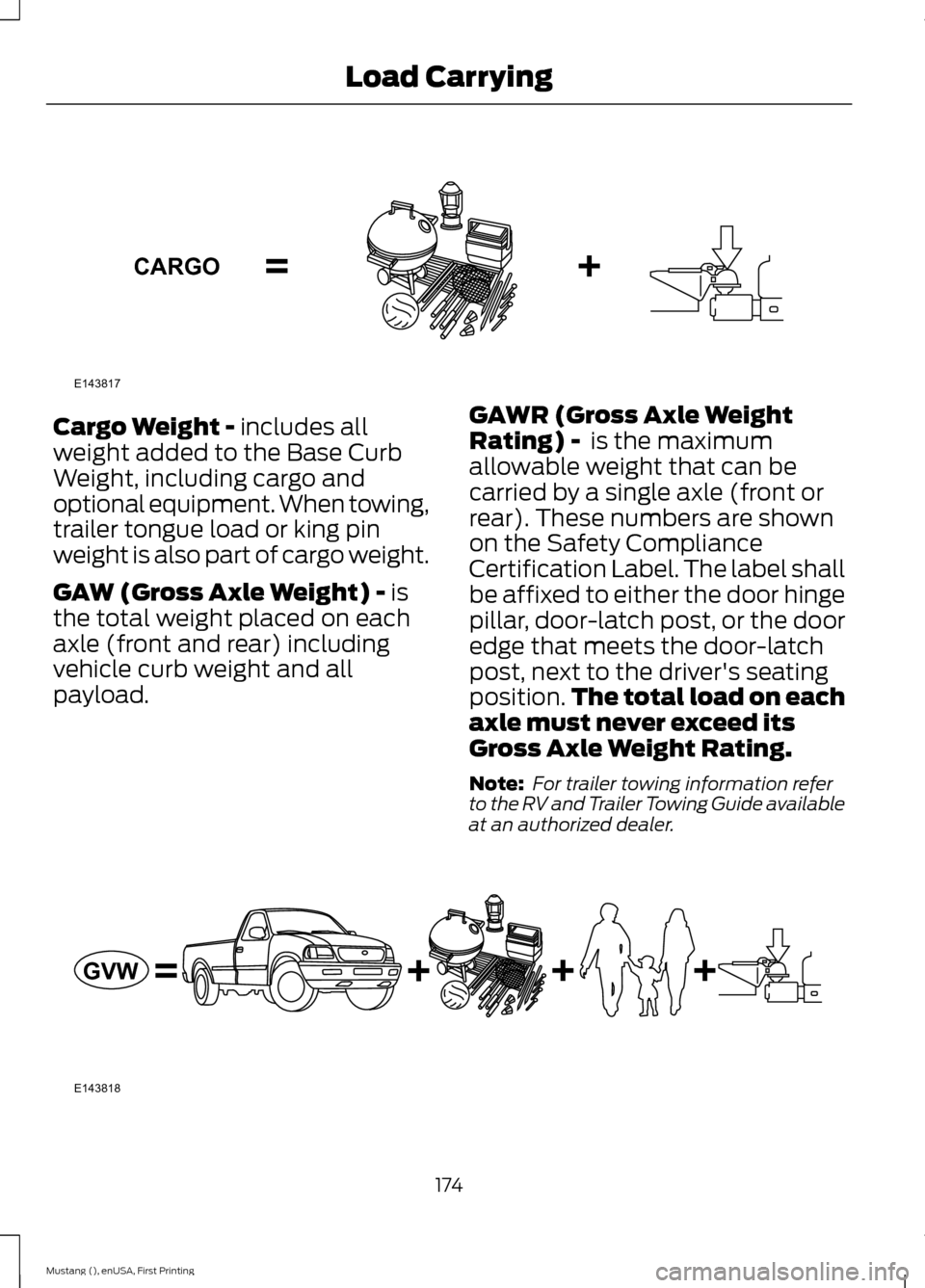 FORD MUSTANG 2015 6.G Owners Manual Cargo Weight - includes all
weight added to the Base Curb
Weight, including cargo and
optional equipment. When towing,
trailer tongue load or king pin
weight is also part of cargo weight.
GAW (Gross A