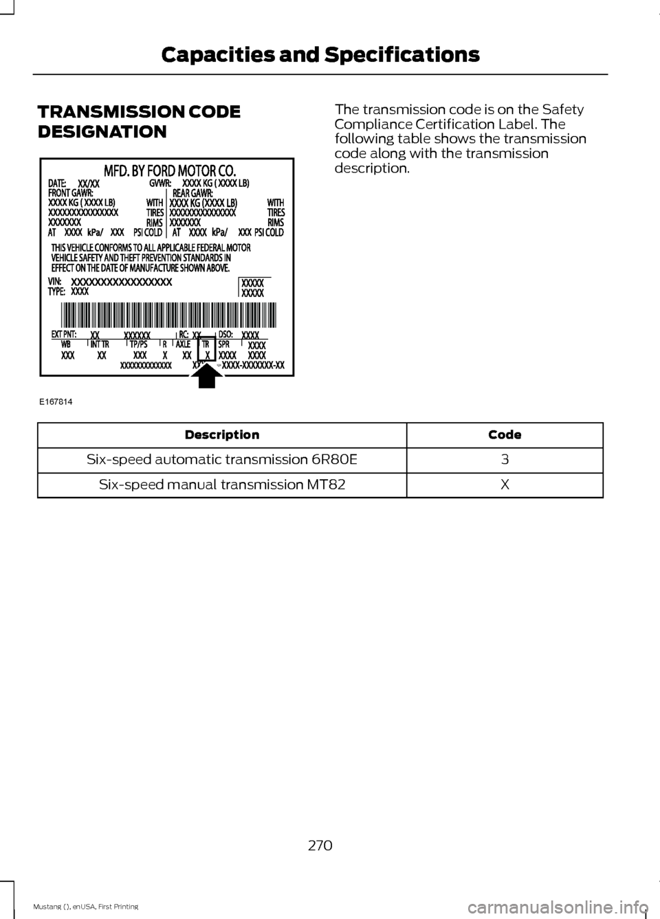 FORD MUSTANG 2015 6.G Owners Manual TRANSMISSION CODE
DESIGNATION The transmission code is on the Safety
Compliance Certification Label. The
following table shows the transmission
code along with the transmission
description.
Code
Descr