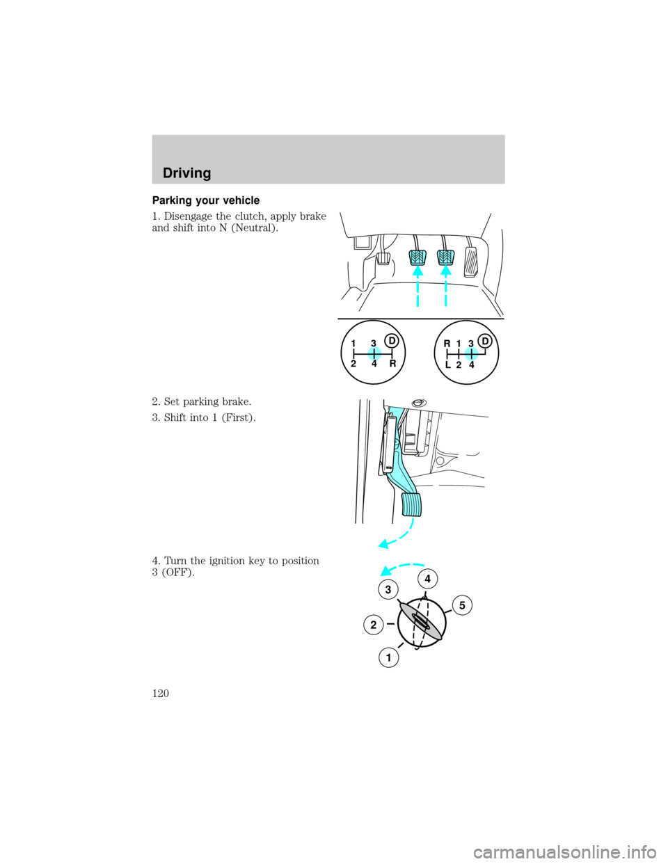 FORD SUPER DUTY 2000 1.G Owners Manual Parking your vehicle
1. Disengage the clutch, apply brake
and shift into N (Neutral).
2. Set parking brake.
3. Shift into 1 (First).
4. Turn the ignition key to position
3 (OFF).
1
24R3D1
24 R
L3D
3
2