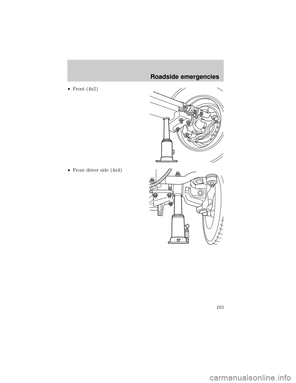 FORD SUPER DUTY 2000 1.G Owners Manual ²Front (4x2)
²Front driver side (4x4)
Roadside emergencies
163 