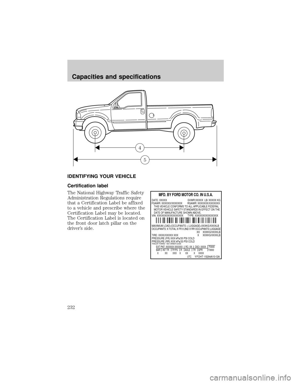 FORD SUPER DUTY 2000 1.G Owners Manual IDENTIFYING YOUR VEHICLE
Certification label
The National Highway Traffic Safety
Administration Regulations require
that a Certification Label be affixed
to a vehicle and prescribe where the
Certifica