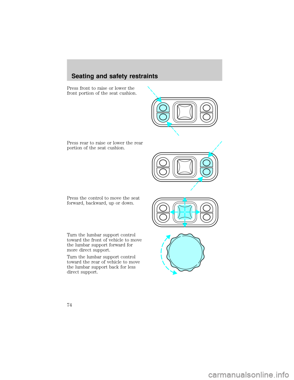 FORD SUPER DUTY 2000 1.G Owners Manual Press front to raise or lower the
front portion of the seat cushion.
Press rear to raise or lower the rear
portion of the seat cushion.
Press the control to move the seat
forward, backward, up or down