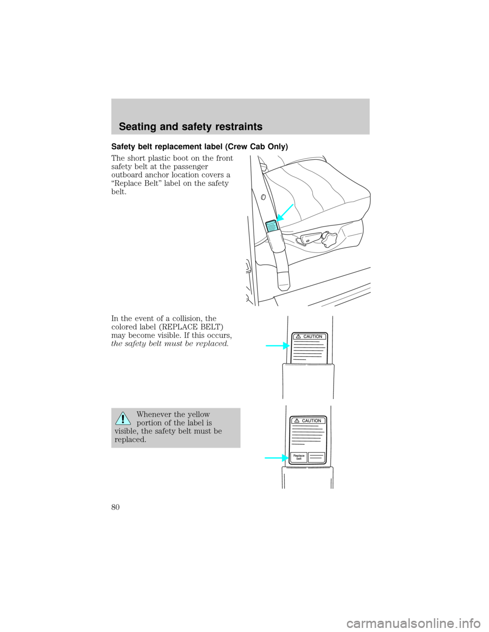 FORD SUPER DUTY 2000 1.G Owners Manual Safety belt replacement label (Crew Cab Only)
The short plastic boot on the front
safety belt at the passenger
outboard anchor location covers a
ªReplace Beltº label on the safety
belt.
In the event