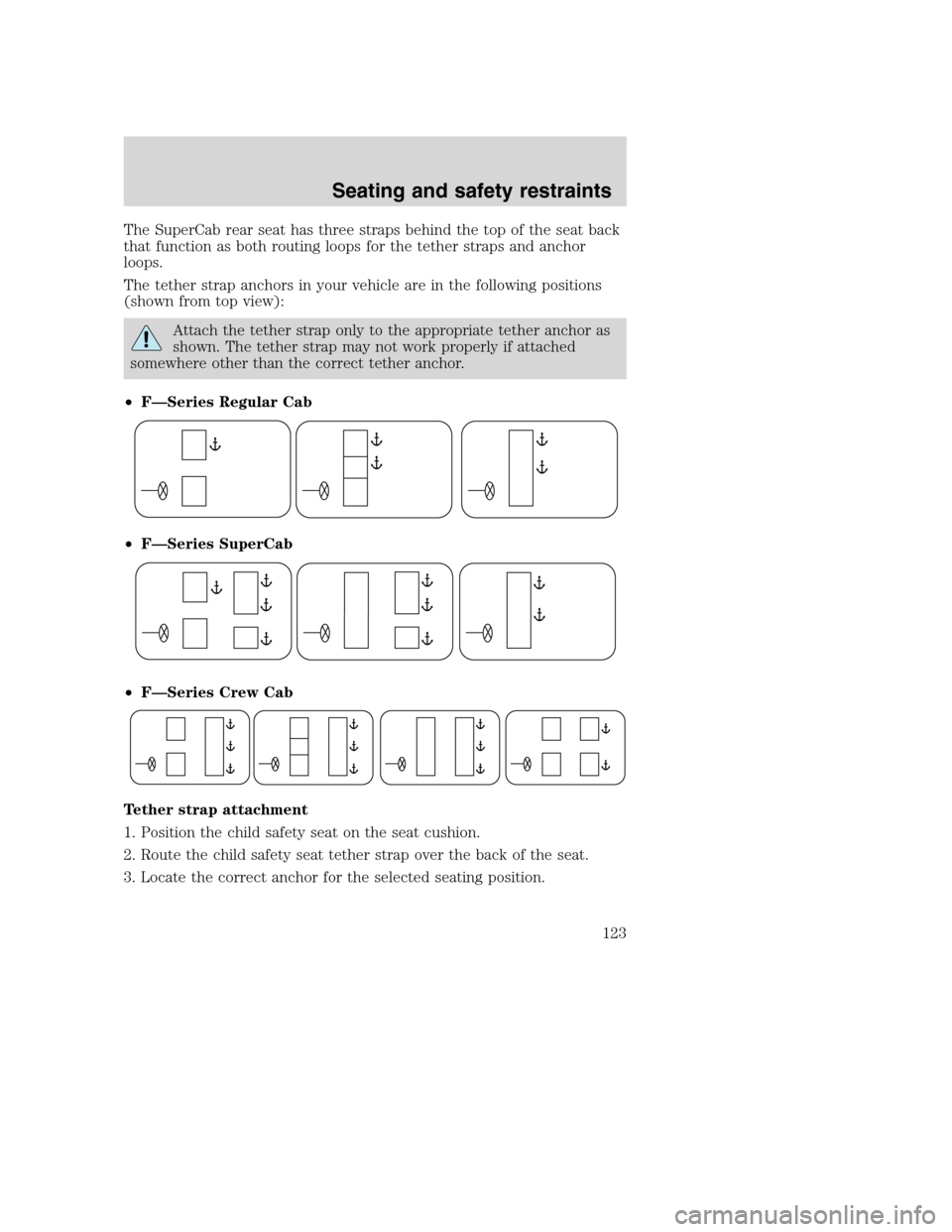 FORD SUPER DUTY 2001 1.G Owners Manual The SuperCab rear seat has three straps behind the top of the seat back
that function as both routing loops for the tether straps and anchor
loops.
The tether strap anchors in your vehicle are in the 