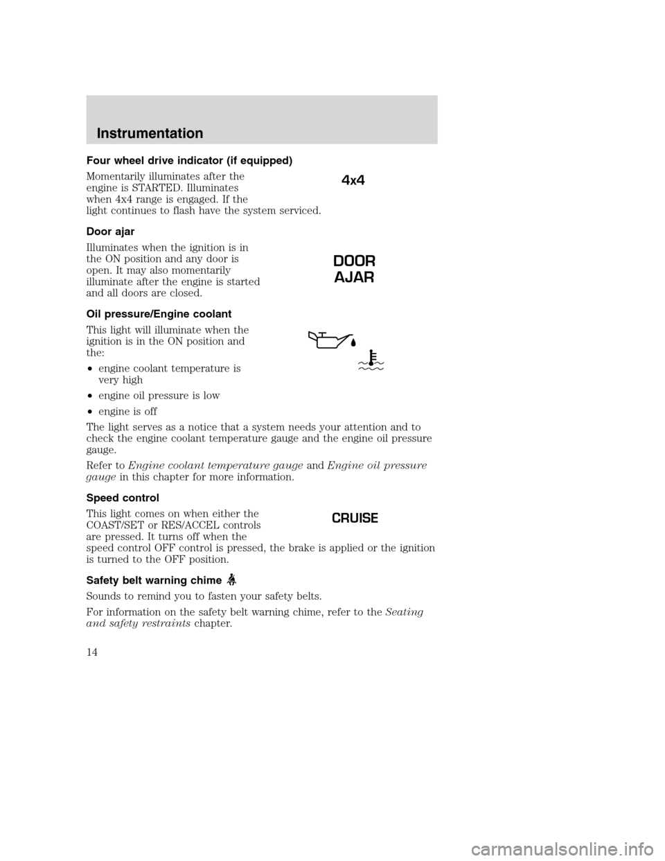 FORD SUPER DUTY 2001 1.G Owners Manual Four wheel drive indicator (if equipped)
Momentarily illuminates after the
engine is STARTED. Illuminates
when 4x4 range is engaged. If the
light continues to flash have the system serviced.
Door ajar FORD SUPER DUTY 2001 1.G Owners Manual Four wheel drive indicator (if equipped)
Momentarily illuminates after the
engine is STARTED. Illuminates
when 4x4 range is engaged. If the
light continues to flash have the system serviced.
Door ajar
