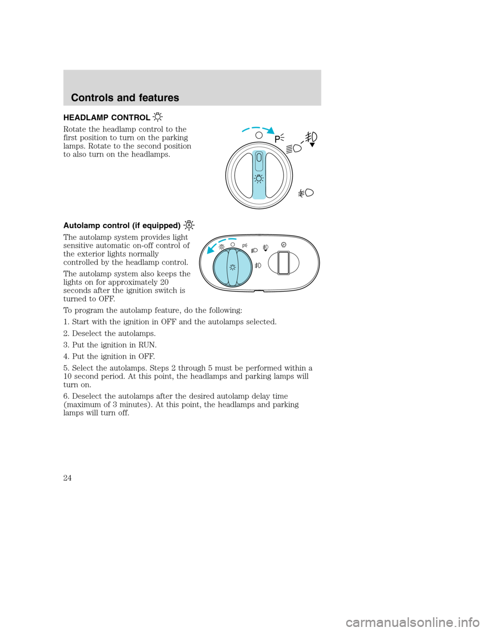 FORD SUPER DUTY 2001 1.G Owners Manual HEADLAMP CONTROL
Rotate the headlamp control to the
first position to turn on the parking
lamps. Rotate to the second position
to also turn on the headlamps.
Autolamp control (if equipped)
The autolam
