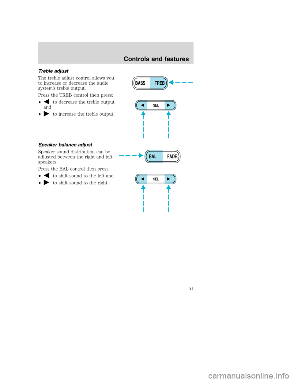 FORD SUPER DUTY 2001 1.G Owners Manual Treble adjust
The treble adjust control allows you
to increase or decrease the audio
system’s treble output.
Press the TREB control then press:
•
to decrease the treble output
and
•
to increase 
