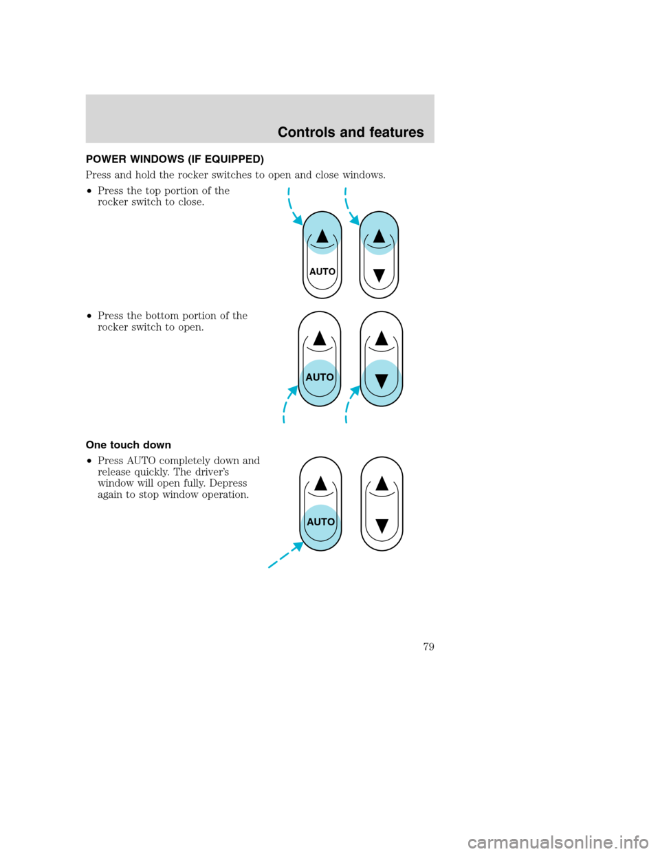 FORD SUPER DUTY 2001 1.G Owners Manual POWER WINDOWS (IF EQUIPPED)
Press and hold the rocker switches to open and close windows.
•Press the top portion of the
rocker switch to close.
•Press the bottom portion of the
rocker switch to op