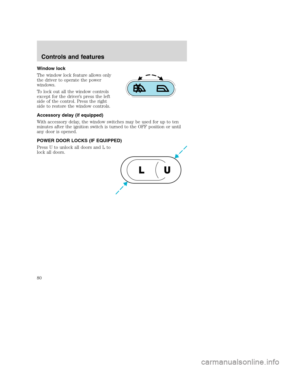 FORD SUPER DUTY 2001 1.G Owners Manual Window lock
The window lock feature allows only
the driver to operate the power
windows.
To lock out all the window controls
except for the driver’s press the left
side of the control. Press the rig
