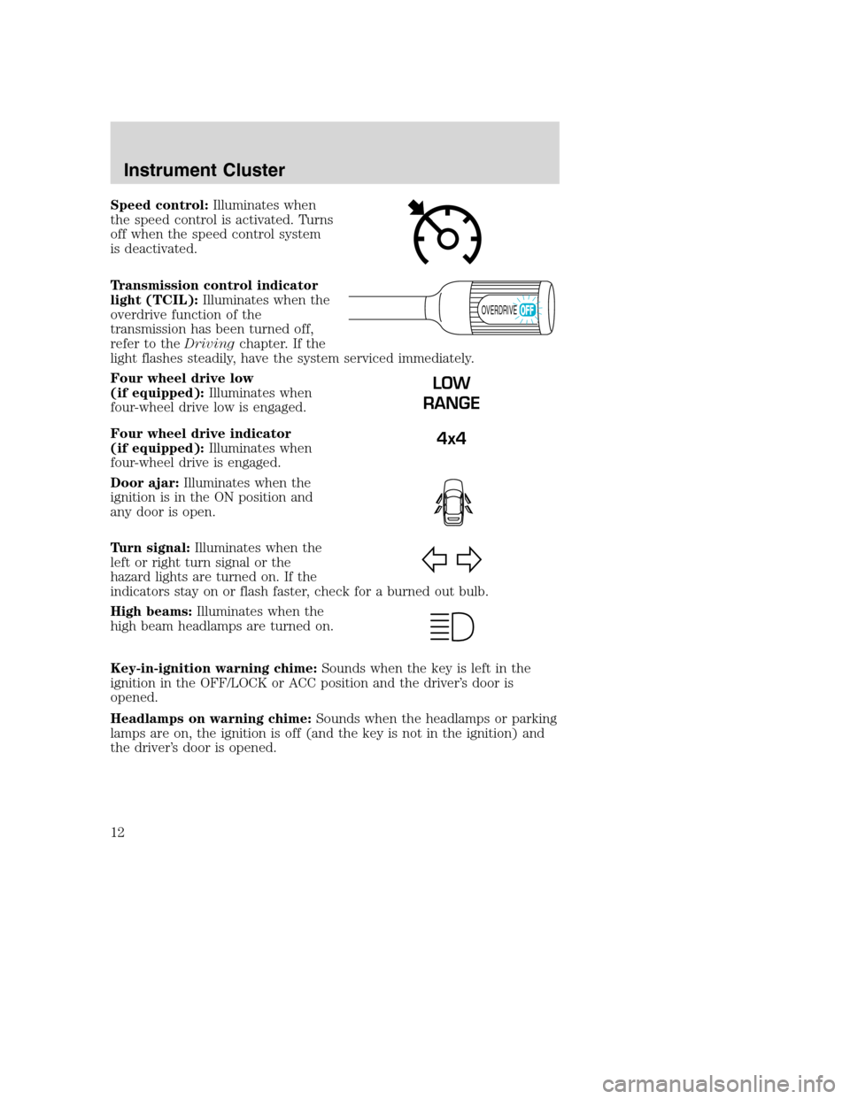 FORD SUPER DUTY 2002 1.G Owners Manual Speed control:Illuminates when
the speed control is activated. Turns
off when the speed control system
is deactivated.
Transmission control indicator
light (TCIL):Illuminates when the
overdrive functi