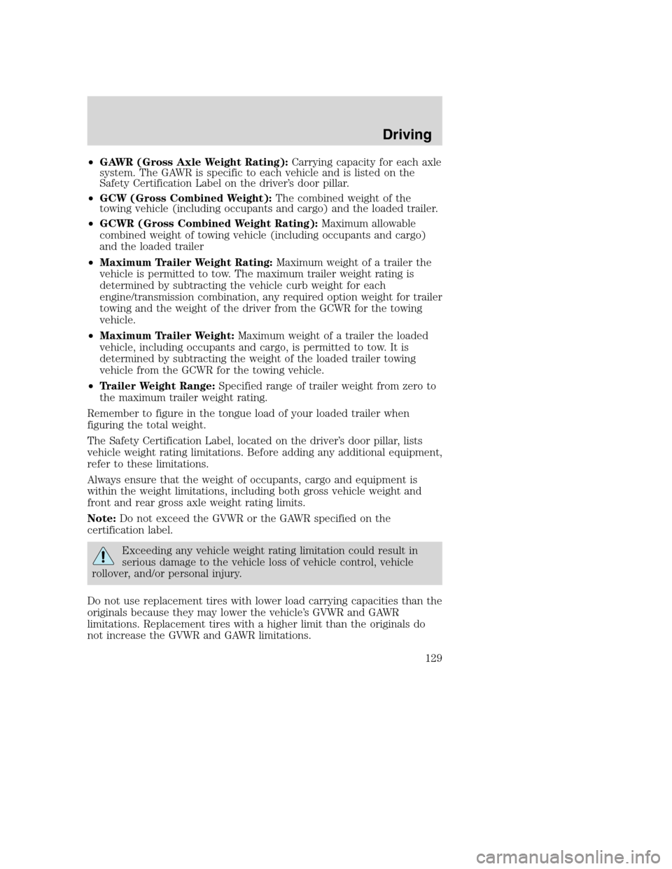 FORD SUPER DUTY 2002 1.G Owners Manual •GAWR (Gross Axle Weight Rating):Carrying capacity for each axle
system. The GAWR is specific to each vehicle and is listed on the
Safety Certification Label on the driver’s door pillar.
•GCW (G FORD SUPER DUTY 2002 1.G Owners Manual •GAWR (Gross Axle Weight Rating):Carrying capacity for each axle
system. The GAWR is specific to each vehicle and is listed on the
Safety Certification Label on the driver’s door pillar.
•GCW (G