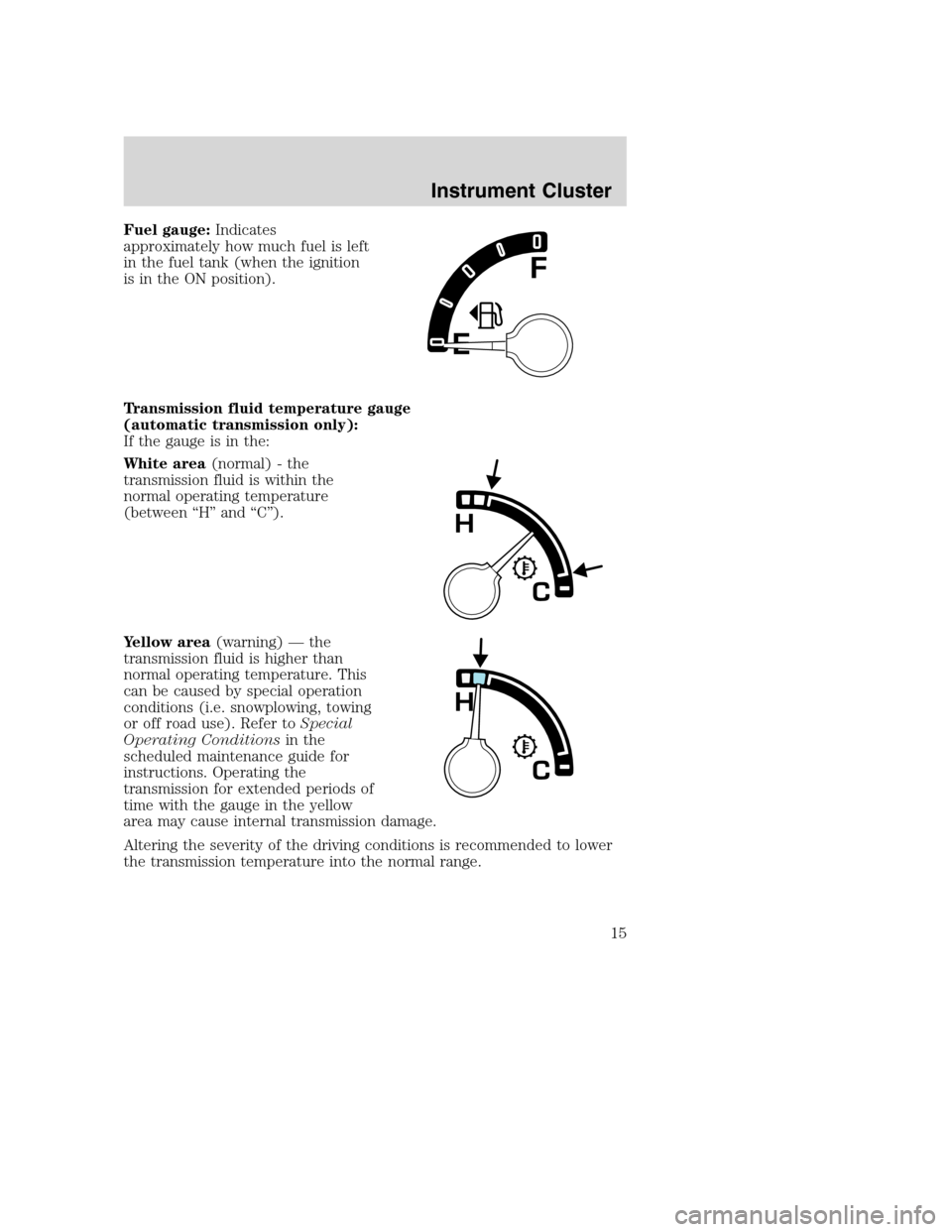 FORD SUPER DUTY 2002 1.G Owners Manual Fuel gauge:Indicates
approximately how much fuel is left
in the fuel tank (when the ignition
is in the ON position).
Transmission fluid temperature gauge
(automatic transmission only):
If the gauge is
