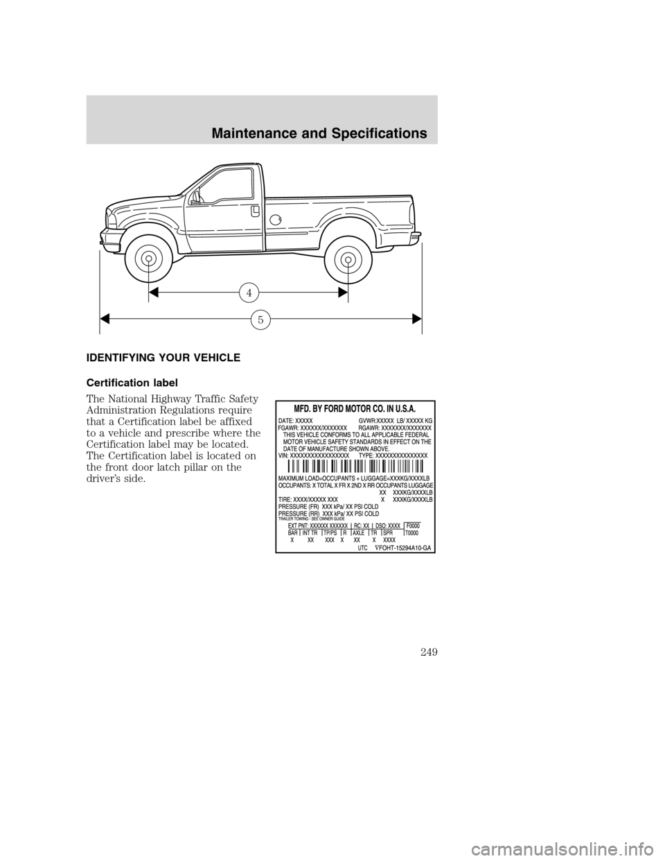FORD SUPER DUTY 2002 1.G Owners Manual IDENTIFYING YOUR VEHICLE
Certification label
The National Highway Traffic Safety
Administration Regulations require
that a Certification label be affixed
to a vehicle and prescribe where the
Certifica
