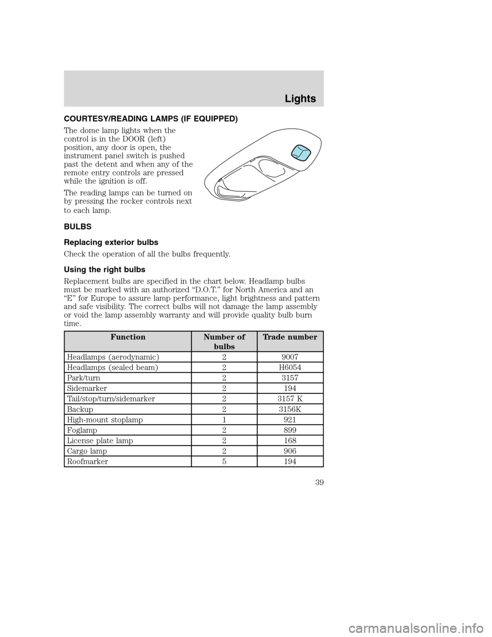 FORD SUPER DUTY 2002 1.G Owners Manual COURTESY/READING LAMPS (IF EQUIPPED)
The dome lamp lights when the
control is in the DOOR (left)
position, any door is open, the
instrument panel switch is pushed
past the detent and when any of the
r FORD SUPER DUTY 2002 1.G Owners Manual COURTESY/READING LAMPS (IF EQUIPPED)
The dome lamp lights when the
control is in the DOOR (left)
position, any door is open, the
instrument panel switch is pushed
past the detent and when any of the
r