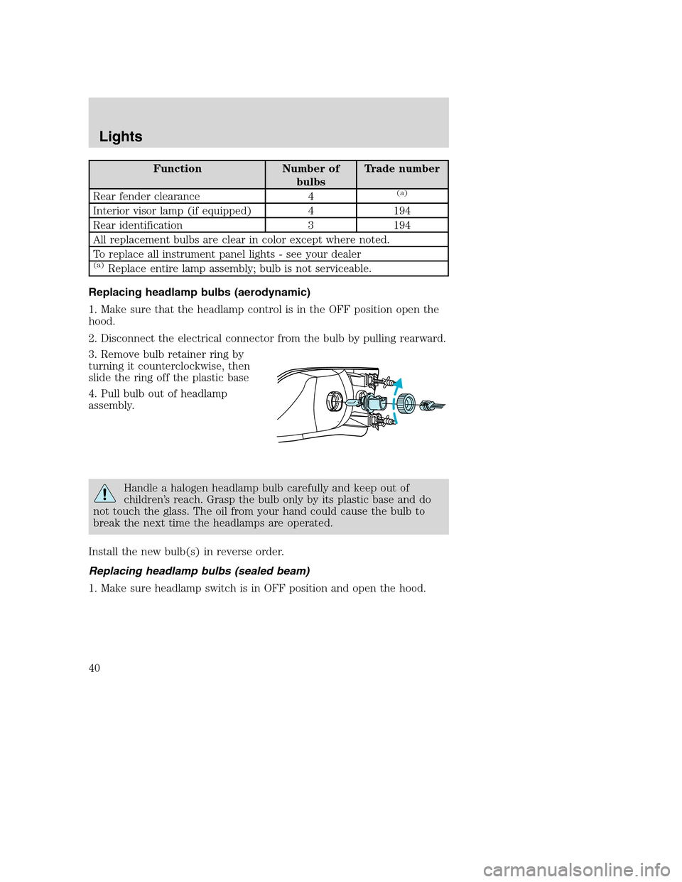 FORD SUPER DUTY 2002 1.G Owners Manual Function Number of
bulbsTrade number
Rear fender clearance 4
(a)
Interior visor lamp (if equipped) 4 194
Rear identification 3 194
All replacement bulbs are clear in color except where noted.
To repla FORD SUPER DUTY 2002 1.G Owners Manual Function Number of
bulbsTrade number
Rear fender clearance 4
(a)
Interior visor lamp (if equipped) 4 194
Rear identification 3 194
All replacement bulbs are clear in color except where noted.
To repla