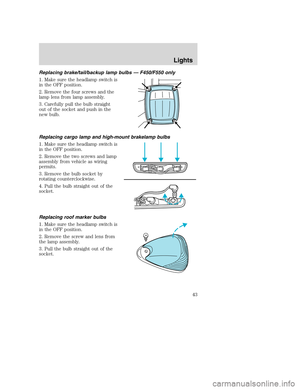FORD SUPER DUTY 2002 1.G Owners Manual Replacing brake/tail/backup lamp bulbs — F450/F550 only
1. Make sure the headlamp switch is
in the OFF position.
2. Remove the four screws and the
lamp lens from lamp assembly.
3. Carefully pull the