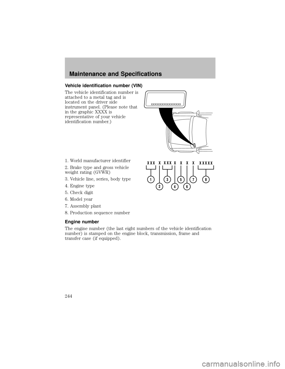 FORD SUPER DUTY 2003 1.G Owners Manual Vehicle identification number (VIN)
The vehicle identification number is
attached to a metal tag and is
located on the driver side
instrument panel. (Please note that
in the graphic XXXX is
representa
