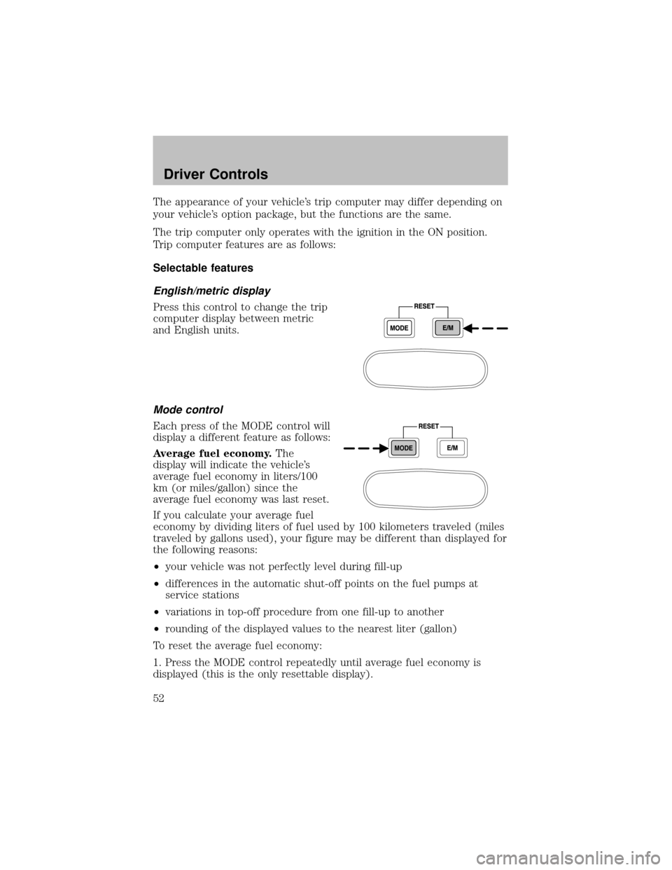 FORD SUPER DUTY 2003 1.G Owners Manual The appearance of your vehicle’s trip computer may differ depending on
your vehicle’s option package, but the functions are the same.
The trip computer onlyoperates with the ignition in the ON pos FORD SUPER DUTY 2003 1.G Owners Manual The appearance of your vehicle’s trip computer may differ depending on
your vehicle’s option package, but the functions are the same.
The trip computer onlyoperates with the ignition in the ON pos