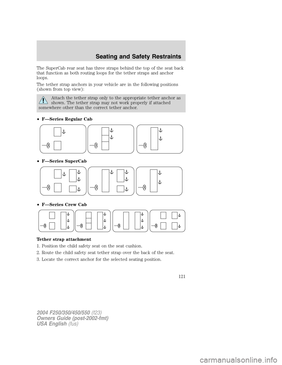 FORD SUPER DUTY 2004 1.G Owners Manual The SuperCab rear seat has three straps behind the top of the seat back
that function as both routing loops for the tether straps and anchor
loops.
The tether strap anchors in your vehicle are in the 