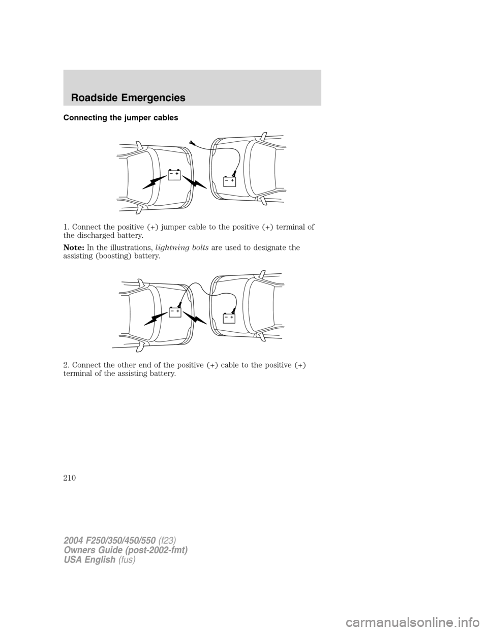 FORD SUPER DUTY 2004 1.G Owners Manual Connecting the jumper cables
1. Connect the positive (+) jumper cable to the positive (+) terminal of
the discharged battery.
Note:In the illustrations,lightning boltsare used to designate the
assisti