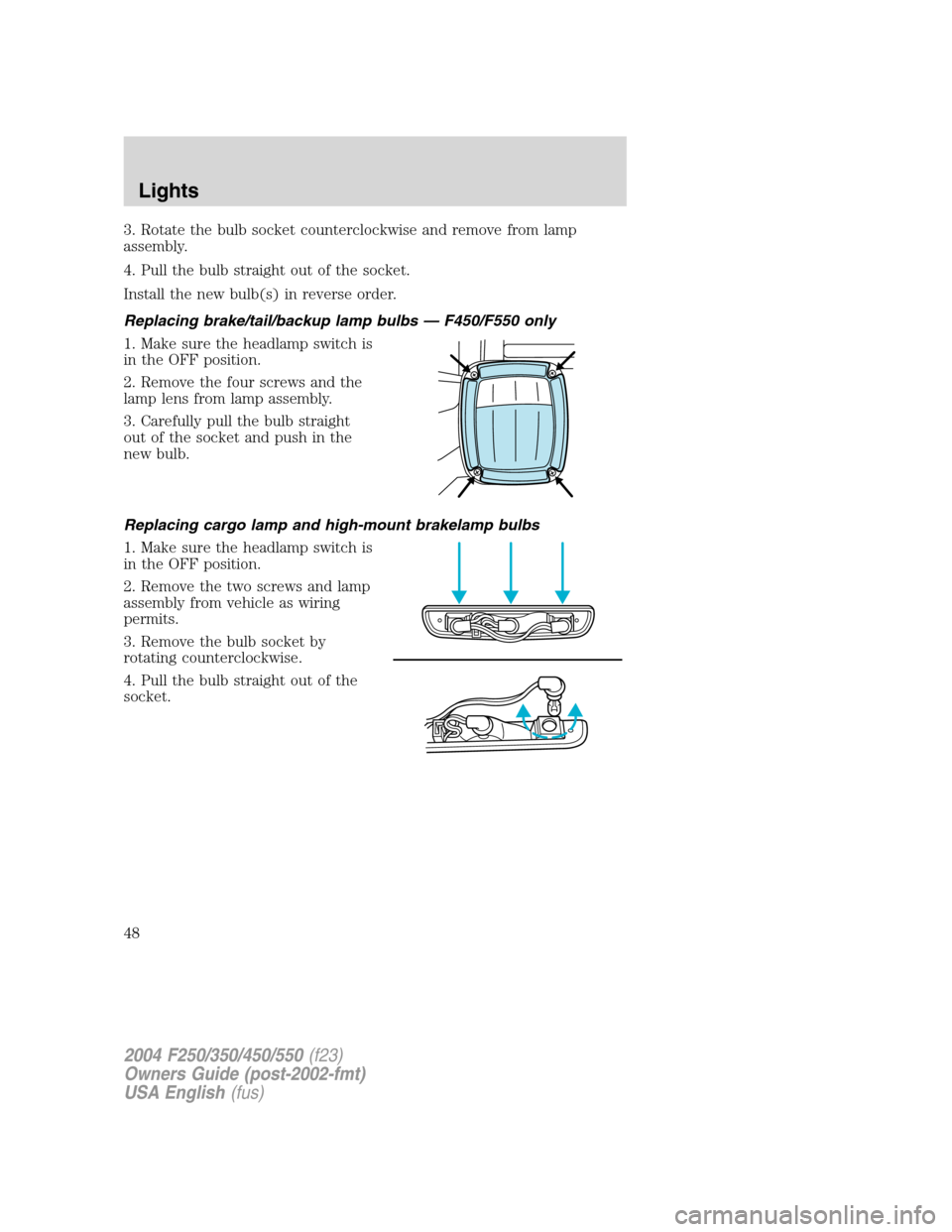 FORD SUPER DUTY 2004 1.G Owners Manual 3. Rotate the bulb socket counterclockwise and remove from lamp
assembly.
4. Pull the bulb straight out of the socket.
Install the new bulb(s) in reverse order.
Replacing brake/tail/backup lamp bulbs