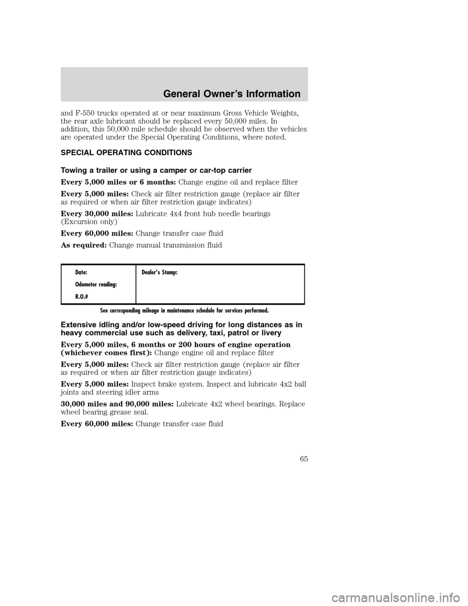 FORD SUPER DUTY 2005 1.G Diesel Supplement Manual and F-550 trucks operated at or near maximum Gross Vehicle Weights,
the rear axle lubricant should be replaced every 50,000 miles. In
addition, this 50,000 mile schedule should be observed when the ve