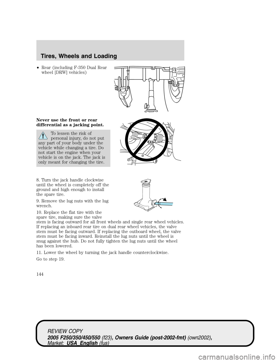 FORD SUPER DUTY 2005 1.G Owners Manual •Rear (including F-350 Dual Rear
wheel [DRW] vehicles)
Never use the front or rear
differential as a jacking point.
To lessen the risk of
personal injury, do not put
any part of your body under the
