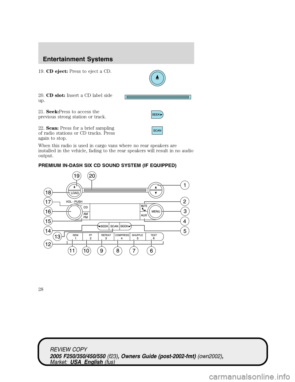 FORD SUPER DUTY 2005 1.G Owners Manual 19.CD eject:Press to eject a CD.
20.CD slot:Insert a CD label side
up.
21.Seek:Press to access the
previous strong station or track.
22.Scan:Press for a brief sampling
of radio stations or CD tracks. 