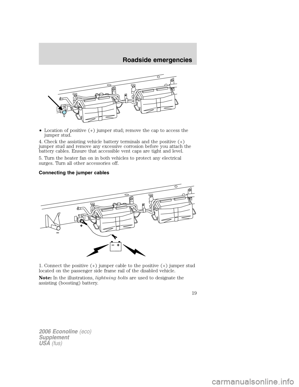 FORD SUPER DUTY 2006 1.G Diesel Supplement Manual •Location of positive (+) jumper stud; remove the cap to access the
jumper stud.
4. Check the assisting vehicle battery terminals and the positive (+)
jumper stud and remove any excessive corrosion 