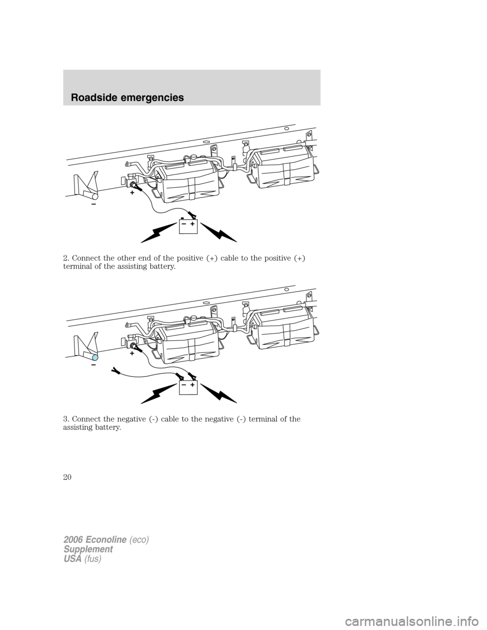 FORD SUPER DUTY 2006 1.G Diesel Supplement Manual 2. Connect the other end of the positive (+) cable to the positive (+)
terminal of the assisting battery.
3. Connect the negative (-) cable to the negative (-) terminal of the
assisting battery.
2006 