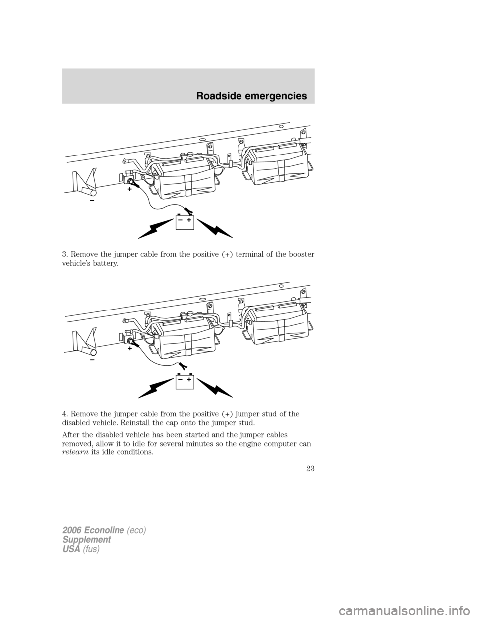 FORD SUPER DUTY 2006 1.G Diesel Supplement Manual 3. Remove the jumper cable from the positive (+) terminal of the booster
vehicle’s battery.
4. Remove the jumper cable from the positive (+) jumper stud of the
disabled vehicle. Reinstall the cap on