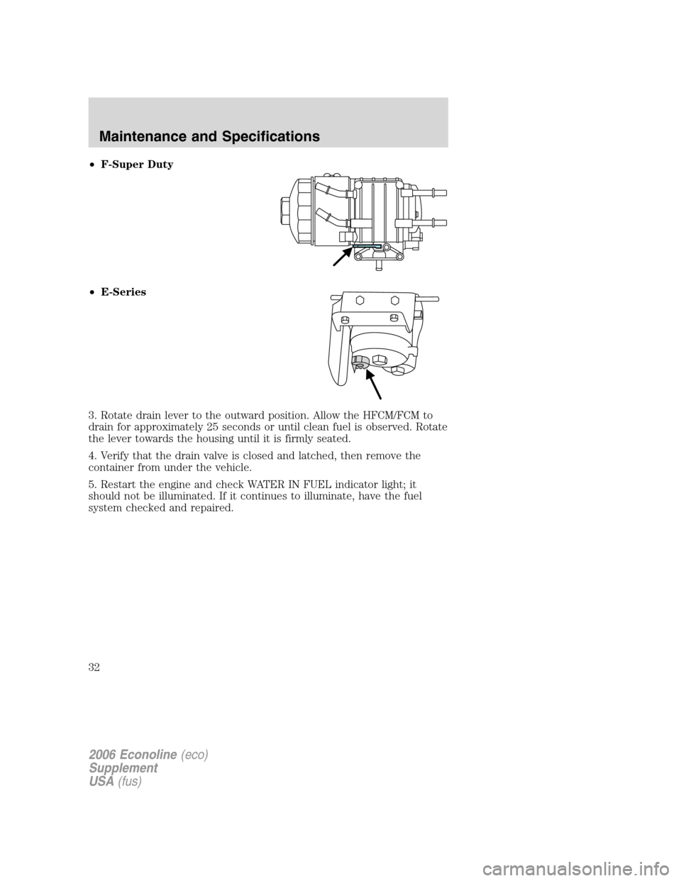 FORD SUPER DUTY 2006 1.G Diesel Supplement Manual •F-Super Duty
•E-Series
3. Rotate drain lever to the outward position. Allow the HFCM/FCM to
drain for approximately 25 seconds or until clean fuel is observed. Rotate
the lever towards the housin