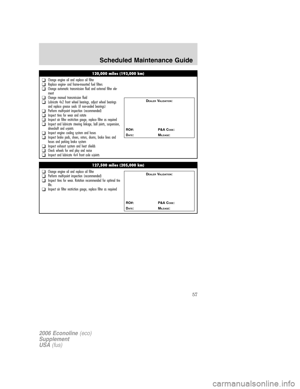 FORD SUPER DUTY 2006 1.G Diesel Supplement Manual
120,000 miles (193,000 km)
❑Change engine oil and replace oil filter❑Replace engine- and frame-mounted fuel filters❑Change automatic transmission fluid and external filter ele-
ment
❑Change m FORD SUPER DUTY 2006 1.G Diesel Supplement Manual
120,000 miles (193,000 km)
❑Change engine oil and replace oil filter❑Replace engine- and frame-mounted fuel filters❑Change automatic transmission fluid and external filter ele-
ment
❑Change m