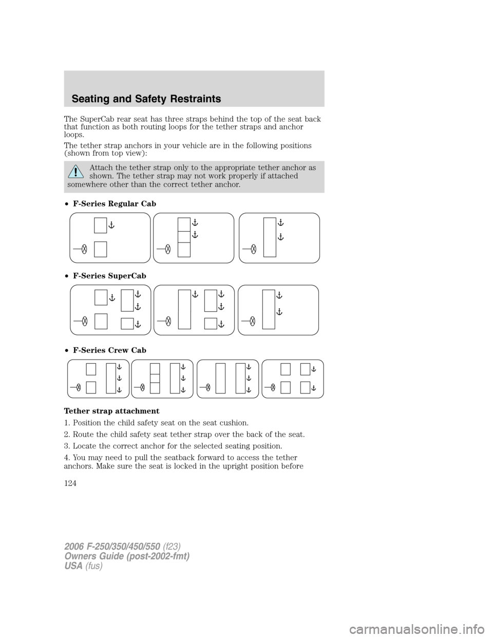 FORD SUPER DUTY 2006 1.G Owners Manual The SuperCab rear seat has three straps behind the top of the seat back
that function as both routing loops for the tether straps and anchor
loops.
The tether strap anchors in your vehicle are in the 