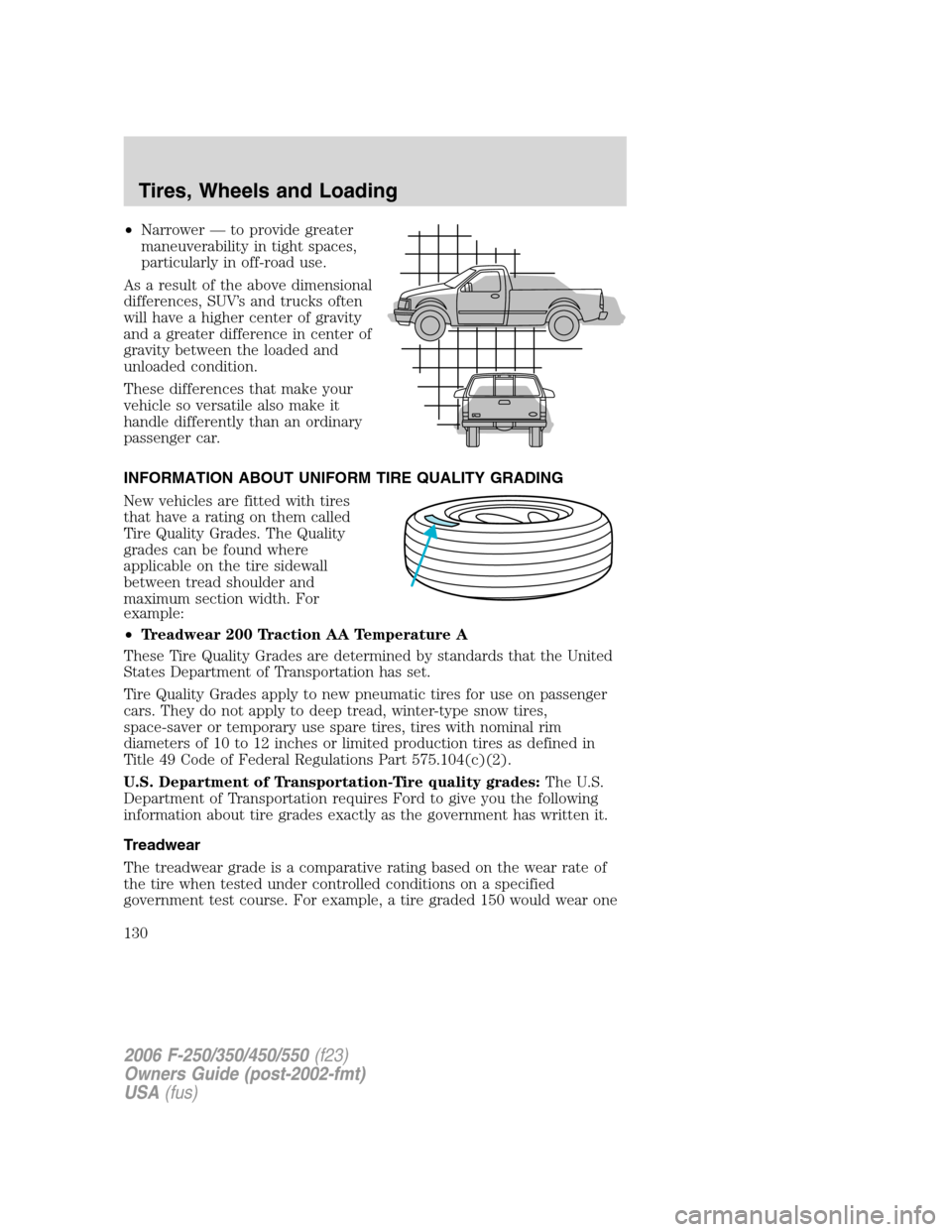 FORD SUPER DUTY 2006 1.G Owners Manual •Narrower — to provide greater
maneuverability in tight spaces,
particularly in off-road use.
As a result of the above dimensional
differences, SUV’s and trucks often
will have a higher center o