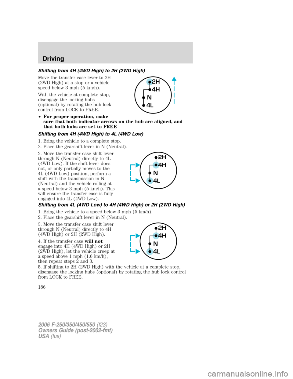 FORD SUPER DUTY 2006 1.G Owners Manual Shifting from 4H (4WD High) to 2H (2WD High)
Move the transfer case lever to 2H
(2WD High) at a stop or a vehicle
speed below 3 mph (5 km/h).
With the vehicle at complete stop,
disengage the locking h