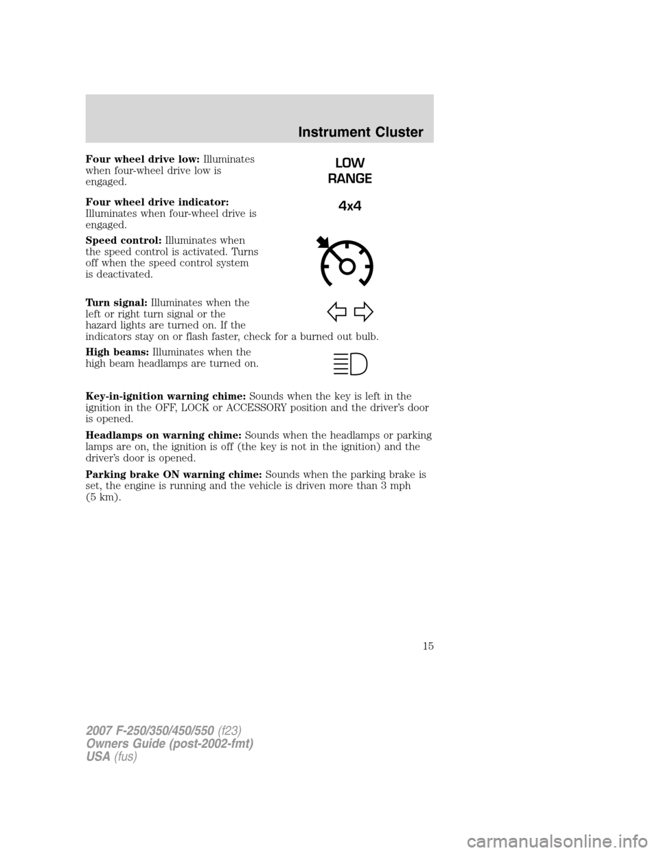 FORD SUPER DUTY 2007 1.G Owners Manual Four wheel drive low:Illuminates
when four-wheel drive low is
engaged.
Four wheel drive indicator:
Illuminates when four-wheel drive is
engaged.
Speed control:Illuminates when
the speed control is act FORD SUPER DUTY 2007 1.G Owners Manual Four wheel drive low:Illuminates
when four-wheel drive low is
engaged.
Four wheel drive indicator:
Illuminates when four-wheel drive is
engaged.
Speed control:Illuminates when
the speed control is act