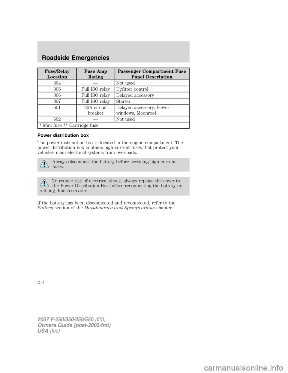 FORD SUPER DUTY 2007 1.G Owners Manual Fuse/Relay
LocationFuse Amp
RatingPassenger Compartment Fuse
Panel Description
304 — Not used
305 Full ISO relay Upfitter control
306 Full ISO relay Delayed accessory
307 Full ISO relay Starter
601 