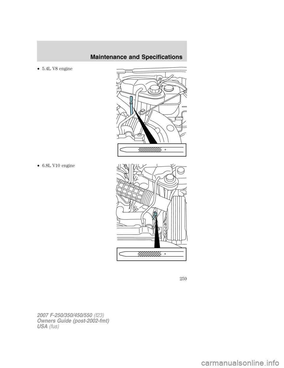FORD SUPER DUTY 2007 1.G Owners Manual •5.4L V8 engine
•6.8L V10 engine
2007 F-250/350/450/550(f23)
Owners Guide (post-2002-fmt)
USA(fus)
Maintenance and Specifications
259 